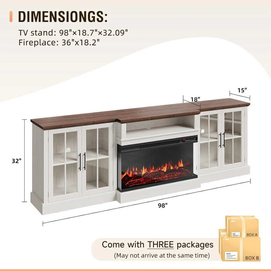 98" Farmhouse TV Stand with 36" Fireplace for TVs up to 100", Media Entertainment Center with Adjustable Shelves, Customized
