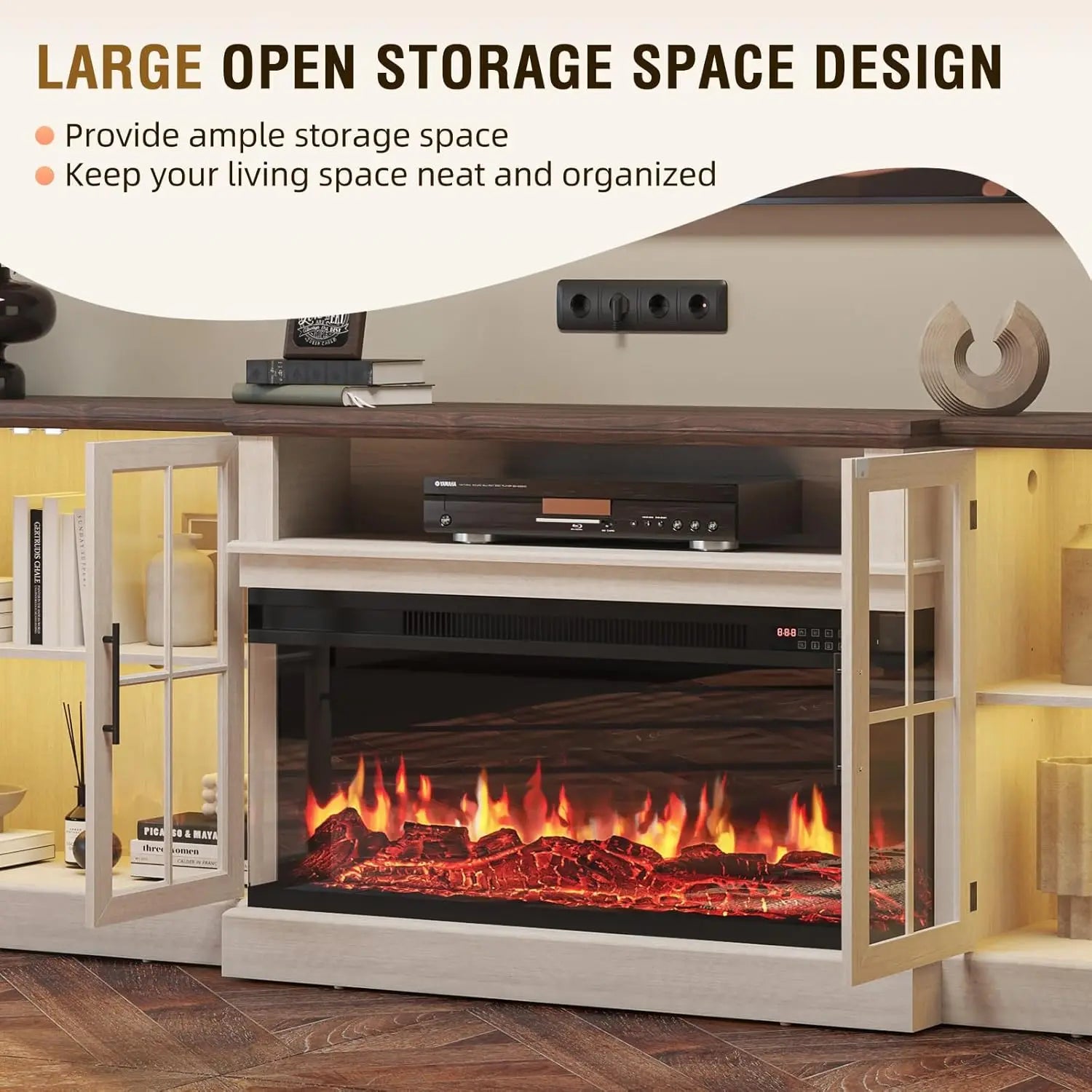 98" Farmhouse TV Stand with 36" Fireplace for TVs up to 100", Media Entertainment Center with Adjustable Shelves, Customized