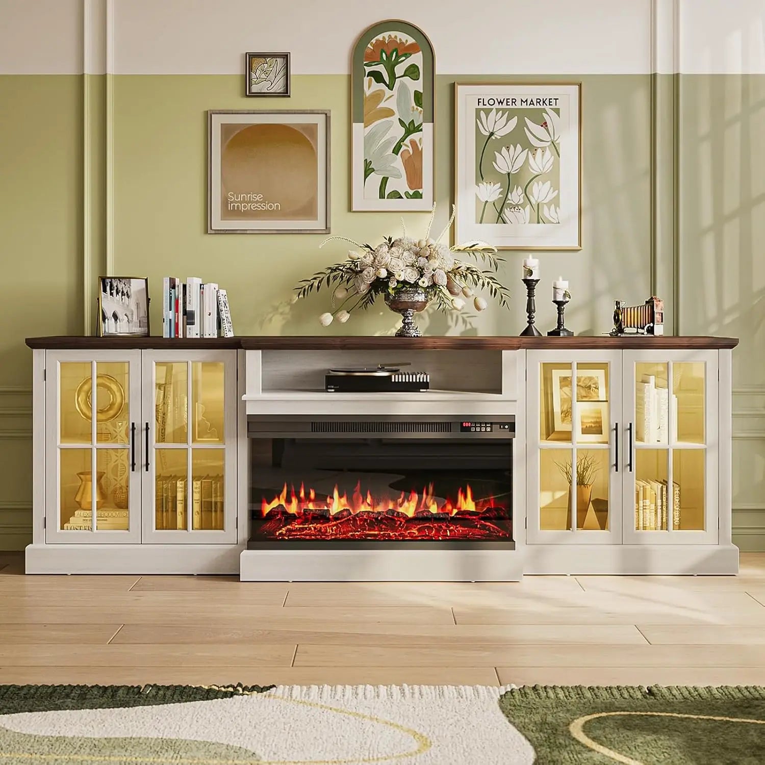 98" Farmhouse TV Stand with 36" Fireplace for TVs up to 100", Media Entertainment Center with Adjustable Shelves, Customized