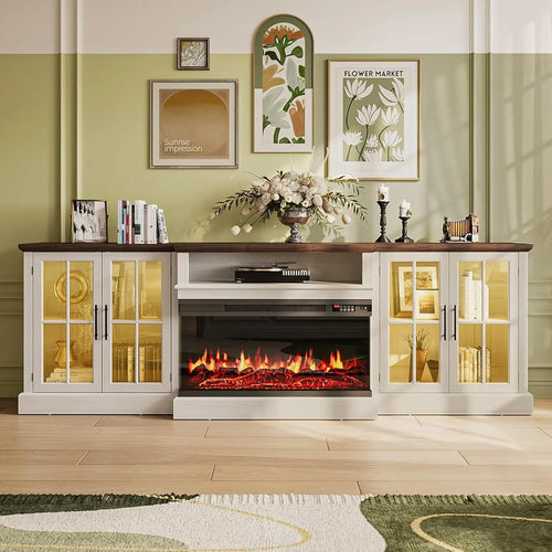 98" Farmhouse TV Stand with 36" Fireplace for TVs up to 100", Media Entertainment Center with Adjustable Shelves, Customized