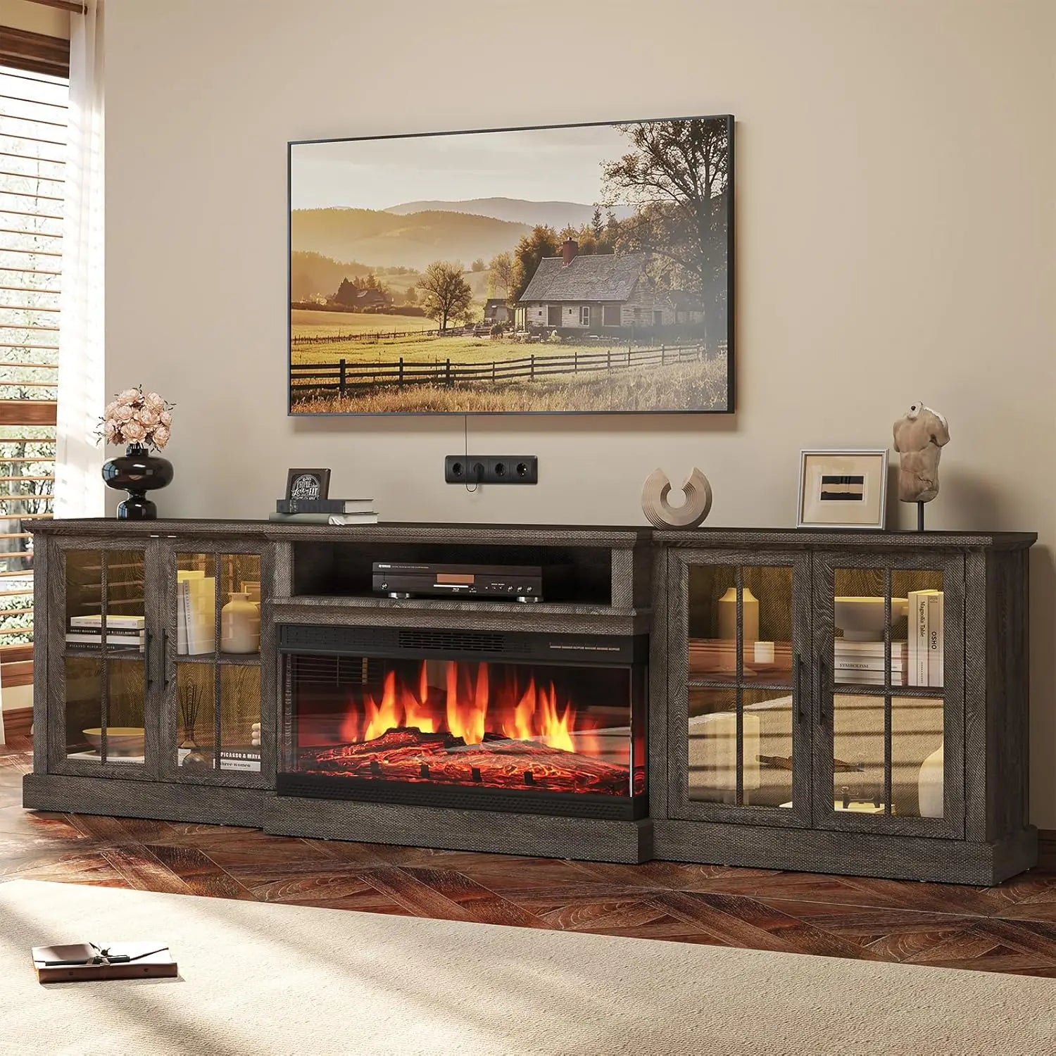 98" Farmhouse TV Stand with 36" Fireplace for TVs up to 100", Media Entertainment Center with Adjustable Shelves, Customized