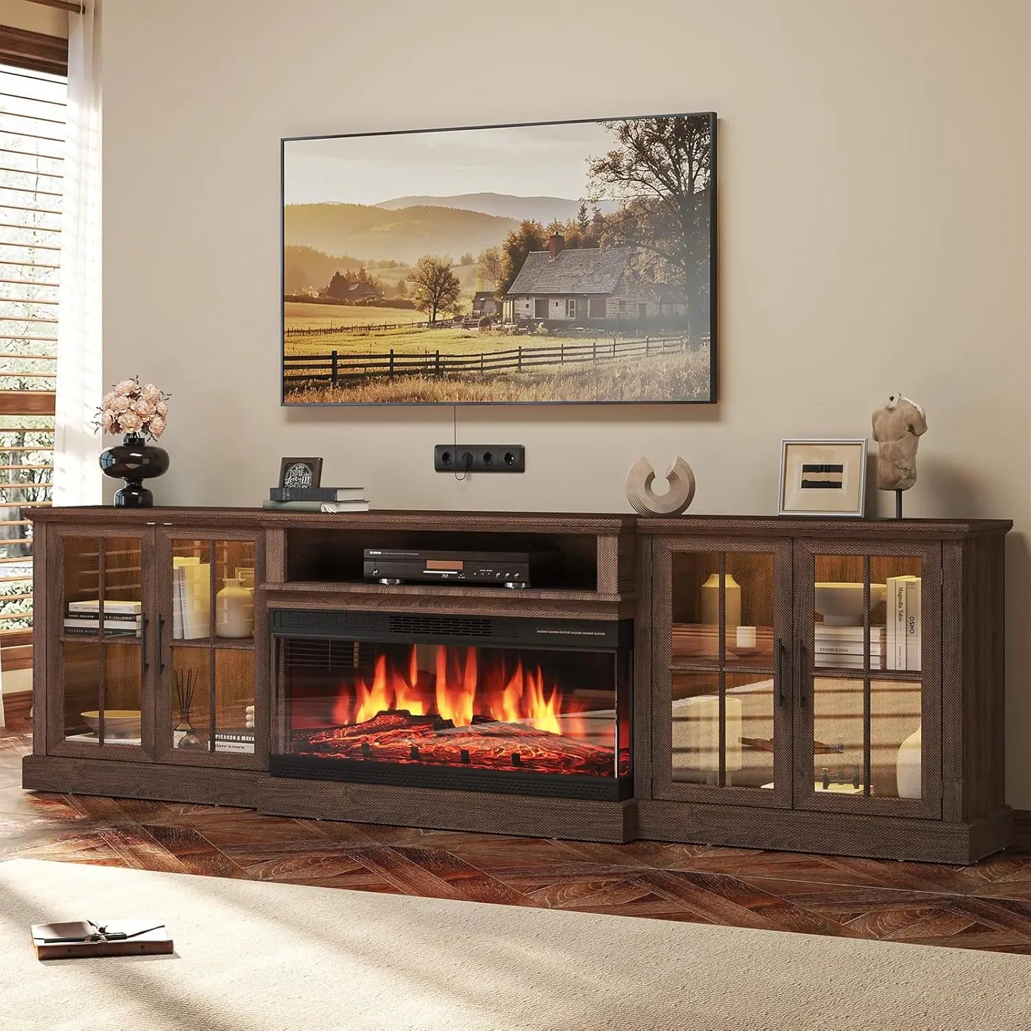 98" Farmhouse TV Stand with 36" Fireplace for TVs up to 100", Media Entertainment Center with Adjustable Shelves, Customized