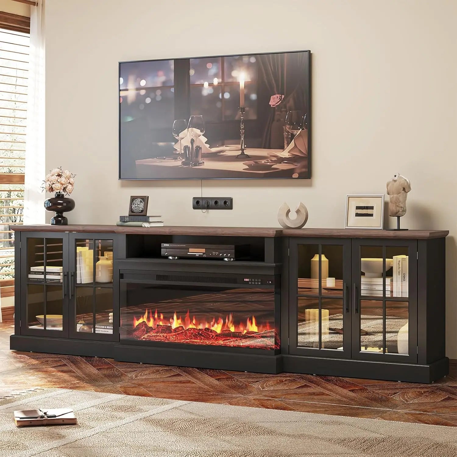 98" Farmhouse TV Stand with 36" Fireplace for TVs up to 100", Media Entertainment Center with Adjustable Shelves, Customized