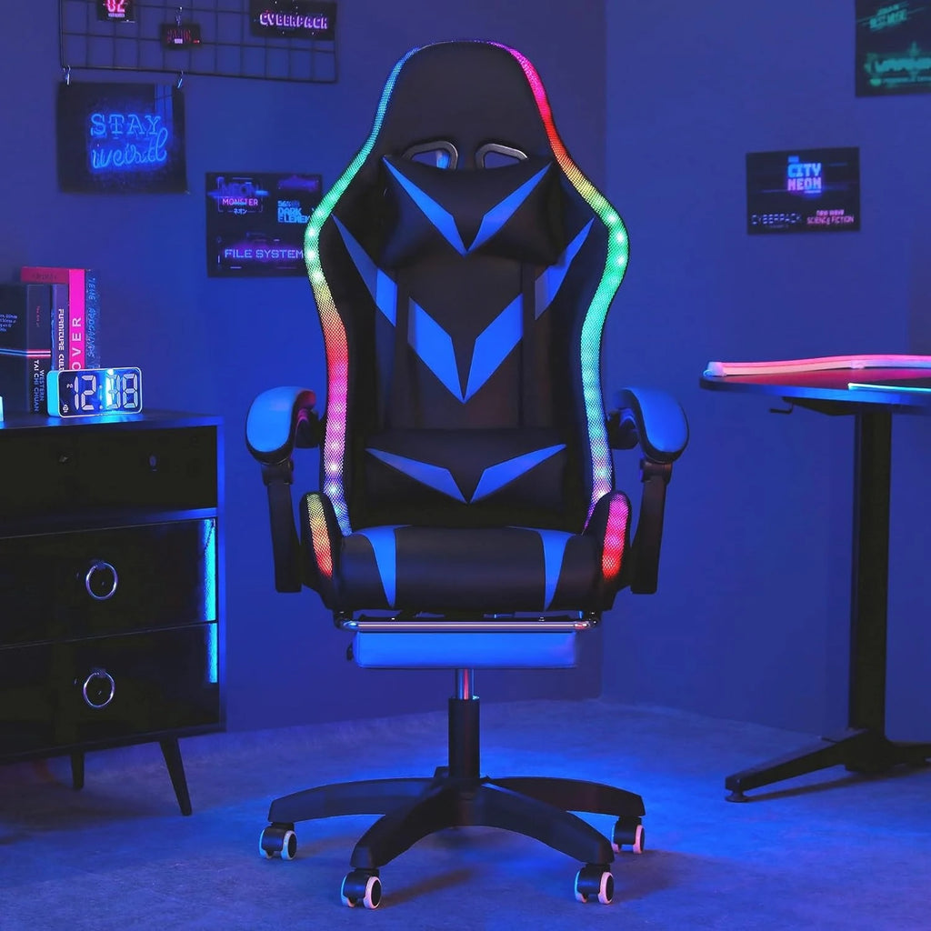 Gaming Chair Massage with Bluetooth Speakers and Led Lights Ergonomic Computer Gaming Chair with Footrest RGB Video, Customized